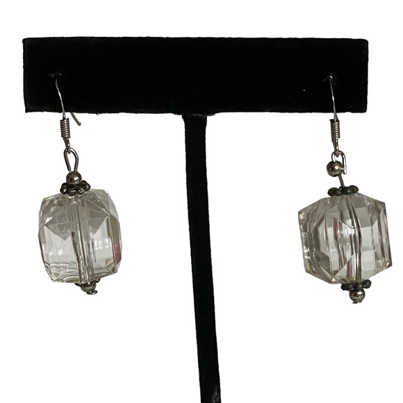 Clear Block Bead & Silver-tone Drop Pierced Earrings - Picture 1 of 5